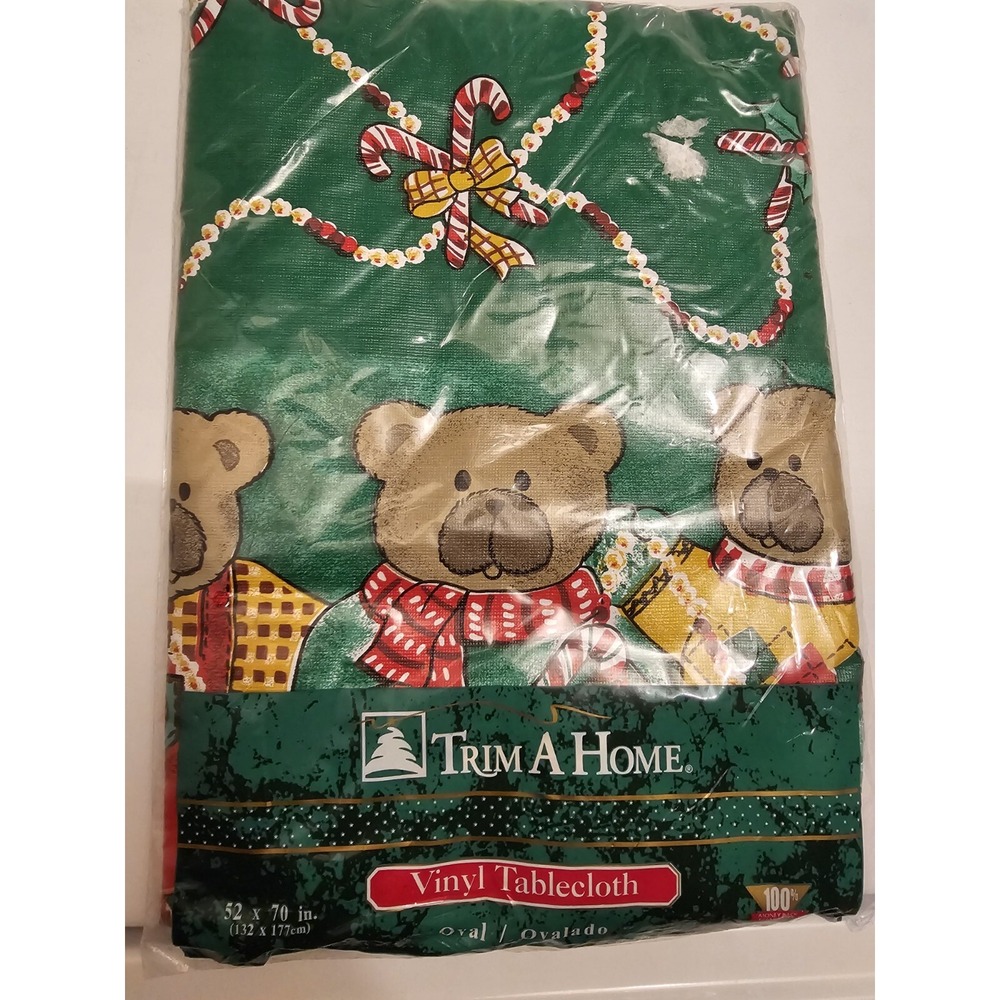 Christmas Trim A Home Vinyl Tablecover Oval Flannel Back Kmart NEW Snowman Vntge